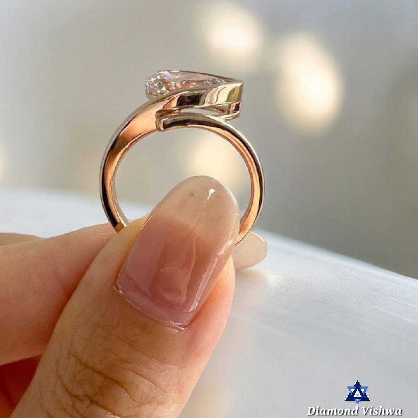 Pear Shaped Lab Grown Diamond Engagement Ring - Half Bezel Set with Curved Antique Band | Unique Bridal Wedding Jewelry Gift for Women