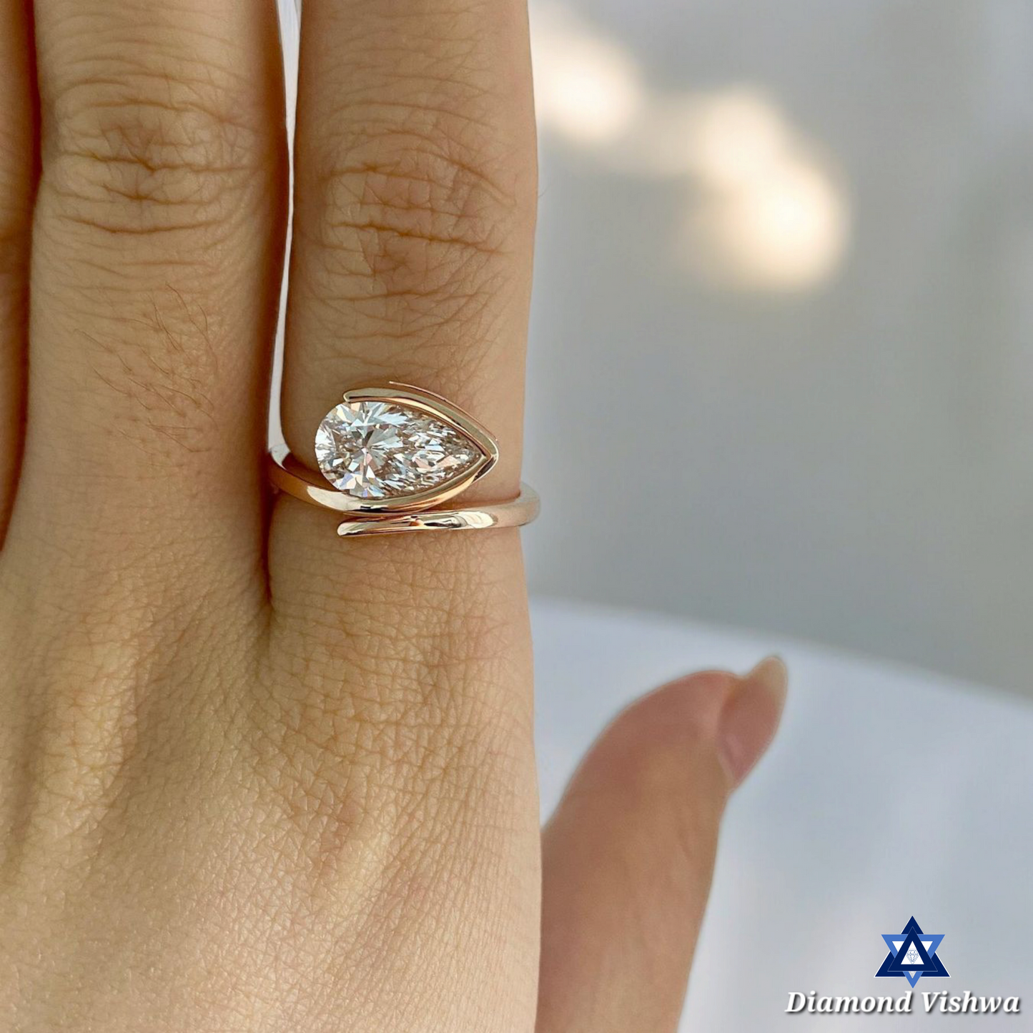 Pear Shaped Lab Grown Diamond Engagement Ring - Half Bezel Set with Curved Antique Band | Unique Bridal Wedding Jewelry Gift for Women