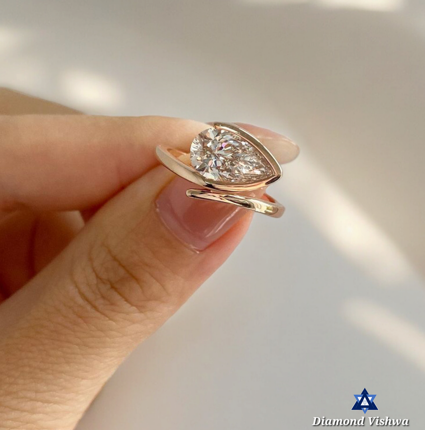 Pear Shaped Lab Grown Diamond Engagement Ring - Half Bezel Set with Curved Antique Band | Unique Bridal Wedding Jewelry Gift for Women