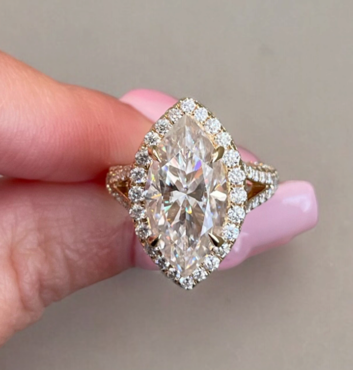 5 CT Marquise Moissanite Halo Ring, Triple Pave Band Cathedral Style, Elegant Bridal Jewelry, Perfect Engagement Gift