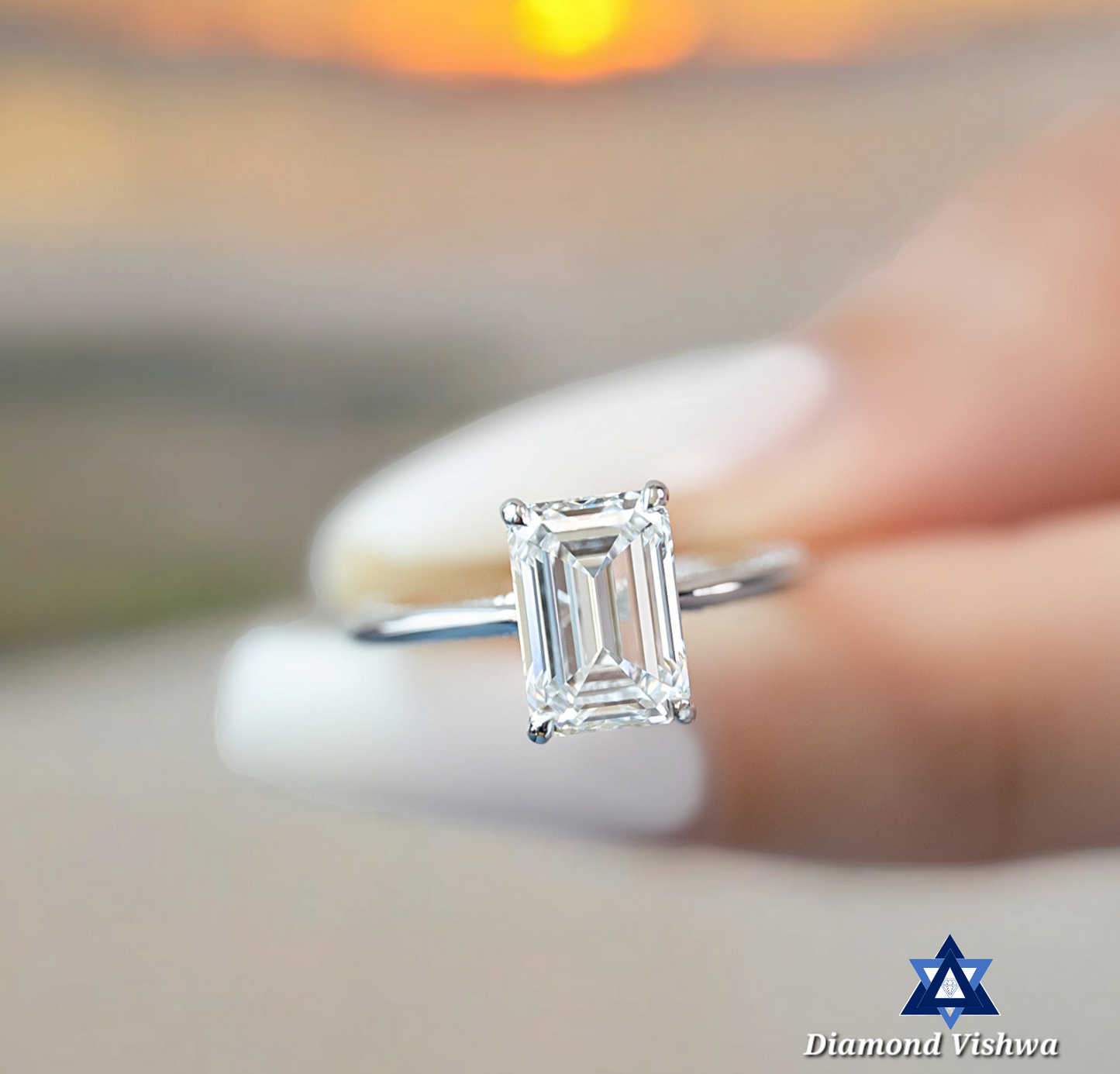 Solitaire Emerald Cut Lab Grown Ring, White Gold Pave Diamond Band, Elegant Engagement Ring, Perfect Wedding Gift