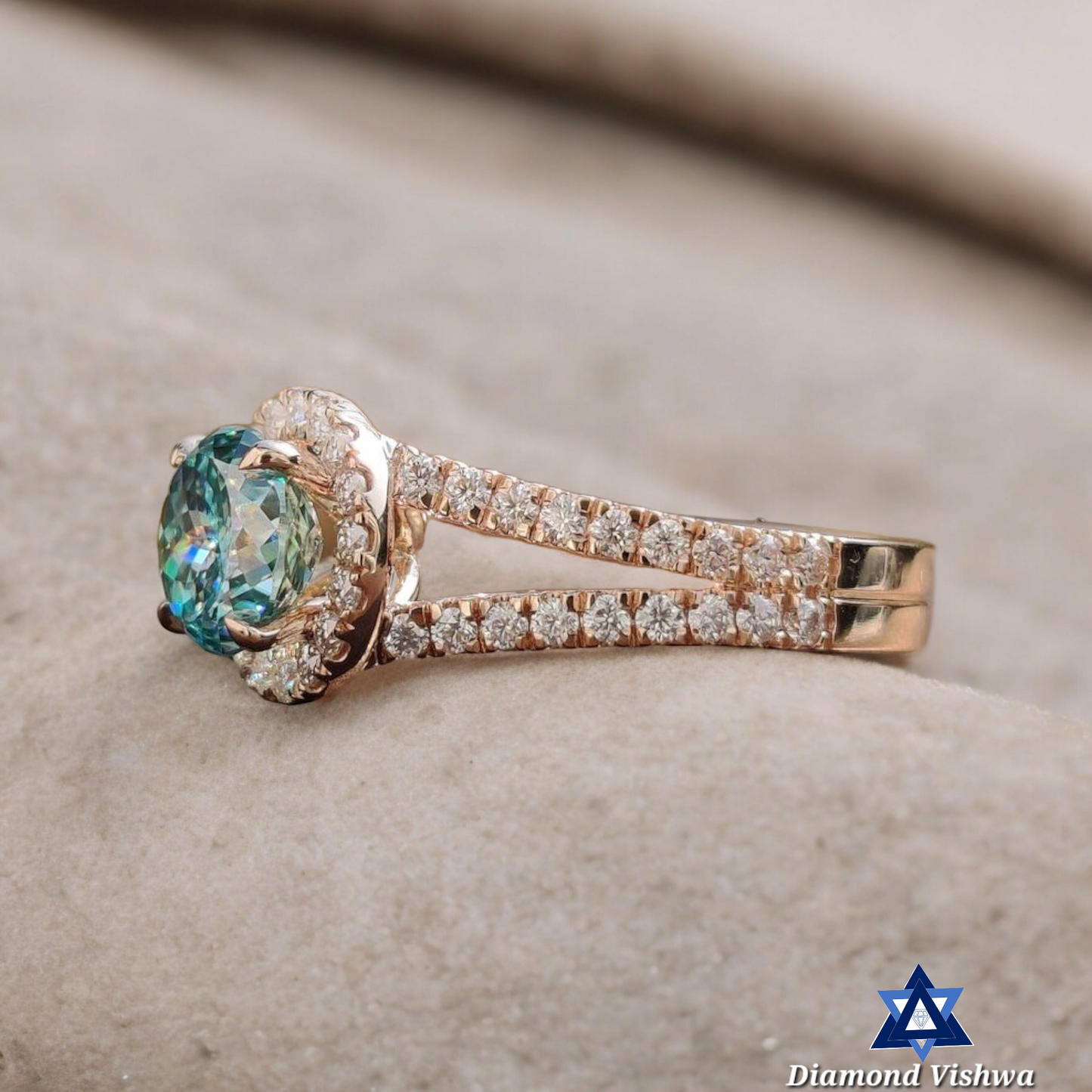 Cyan Blue Portuguese Moissanite Halo Engagement Ring - Rose Gold Split Shank with Round Side Stones