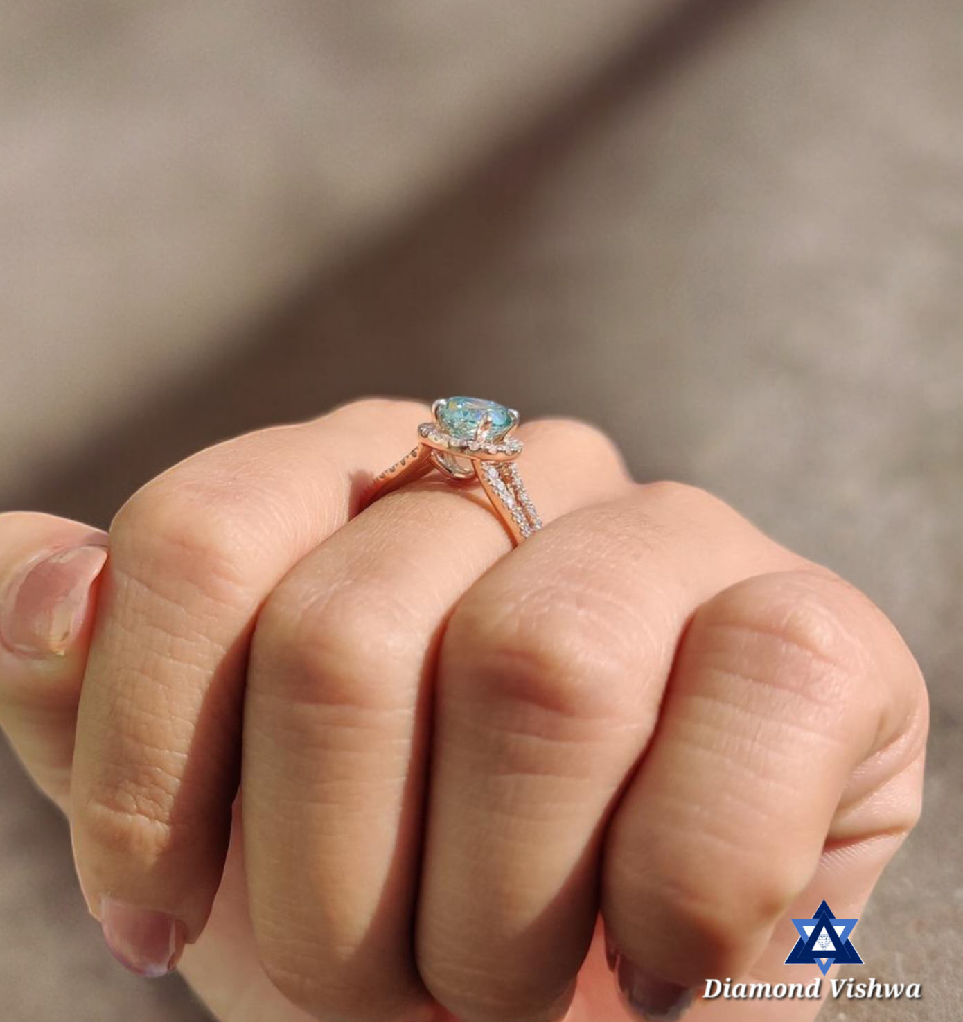 Cyan Blue Portuguese Moissanite Halo Engagement Ring - Rose Gold Split Shank with Round Side Stones