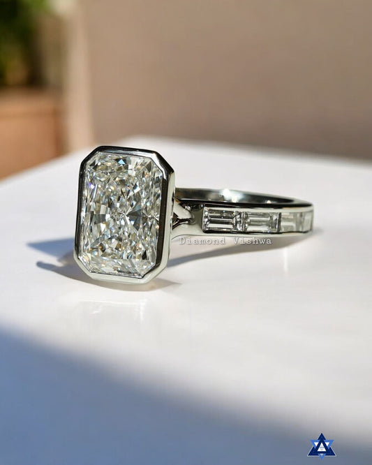 Stunning Radiant Cut Moissanite Engagement Ring Set - Bezel Set in White Gold with half Baguette channel set band, Anniversary gifts, Gifts for mom