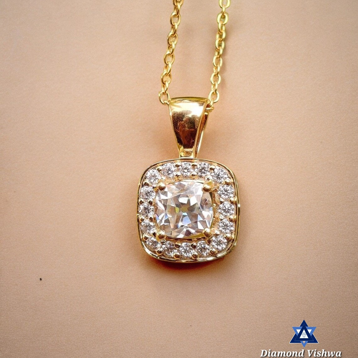 6mm Old Mine Cushion Cut Moissanite Halo Pendant - Yellow Gold Necklace, Gift for Women