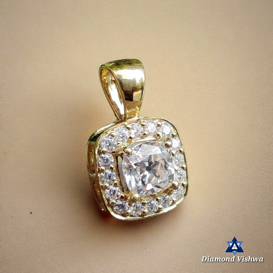 6mm Old Mine Cushion Cut Moissanite Halo Pendant - Yellow Gold Necklace, Gift for Women