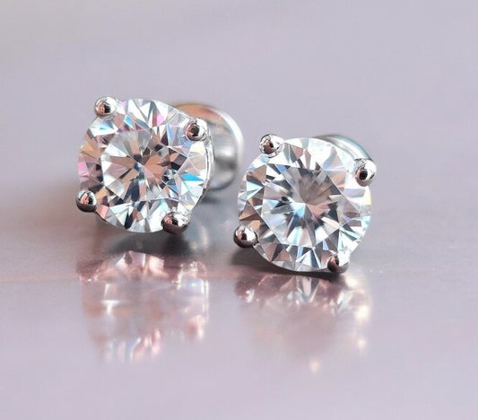 2 Ct Round Lab Diamond Stud Earrings - Colorless Screwback Wedding/Anniversary Gift in 14K White Gold