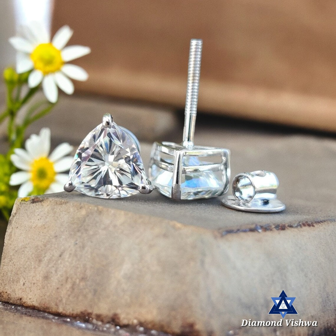 2.51 TCW Trillion Moissanite Studs, White Gold Wedding Earrings, Screw Backs