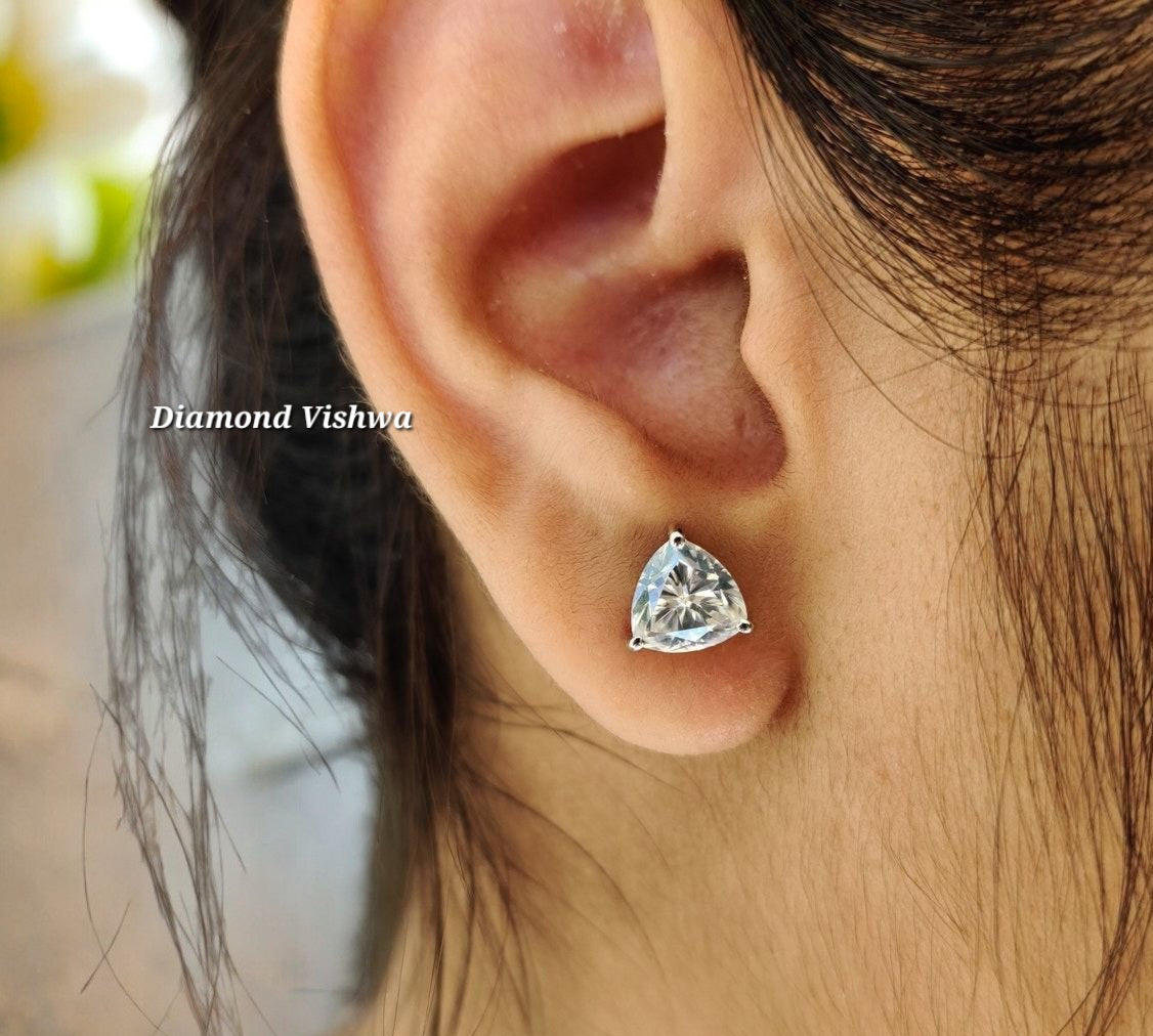 2.51 TCW Trillion Moissanite Studs, White Gold Wedding Earrings, Screw Backs