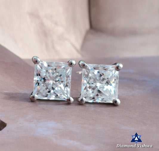 1.90 Carat Princess Cut Colorless Moissanite Stud Earrings in 14K White Gold