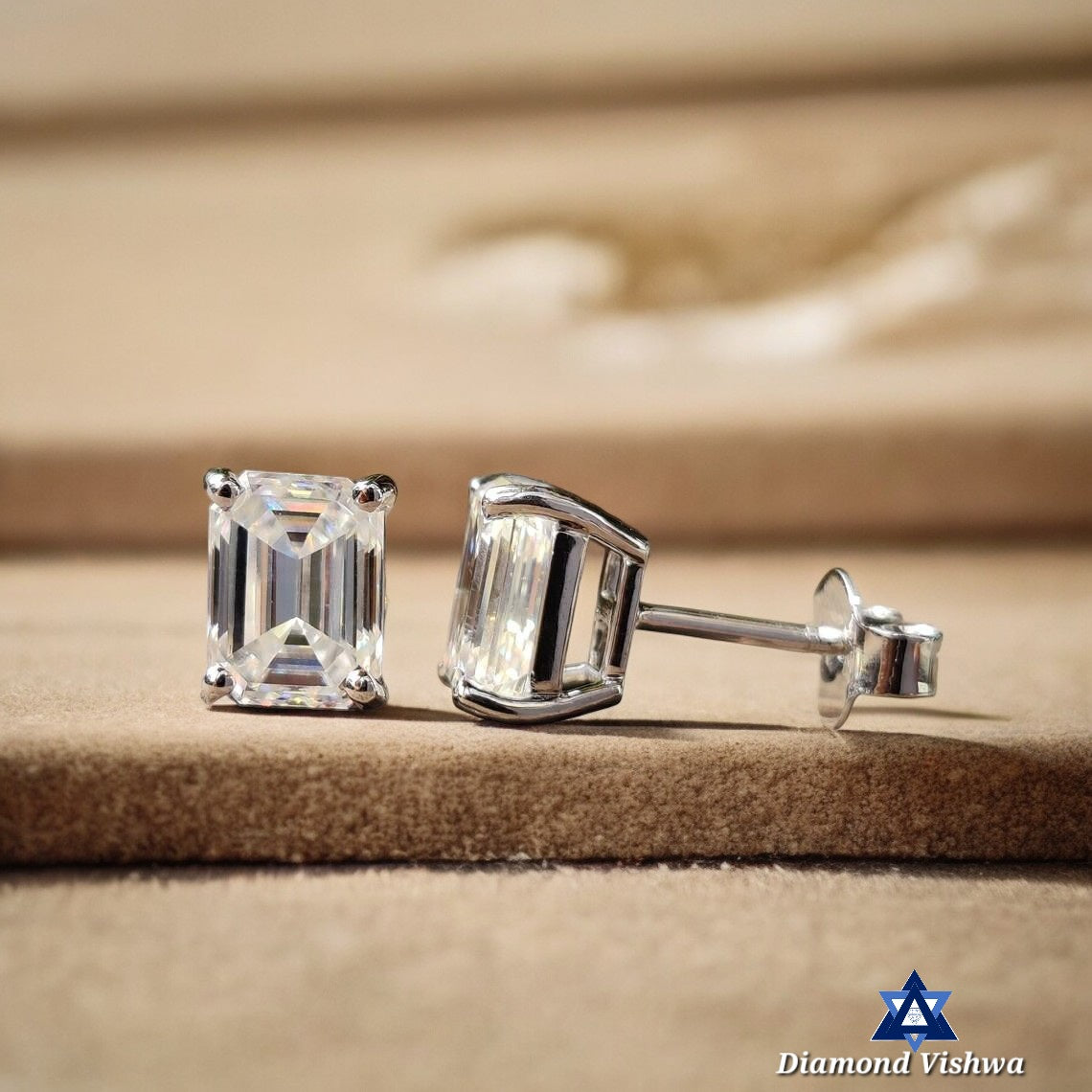 2.80 CT Emerald Cut Colorless Lab Grown Diamond Stud Earrings in 14K White Gold, Push back Hooks