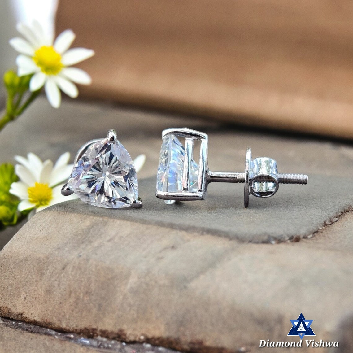 2.51 TCW Trillion Moissanite Studs, White Gold Wedding Earrings, Screw Backs