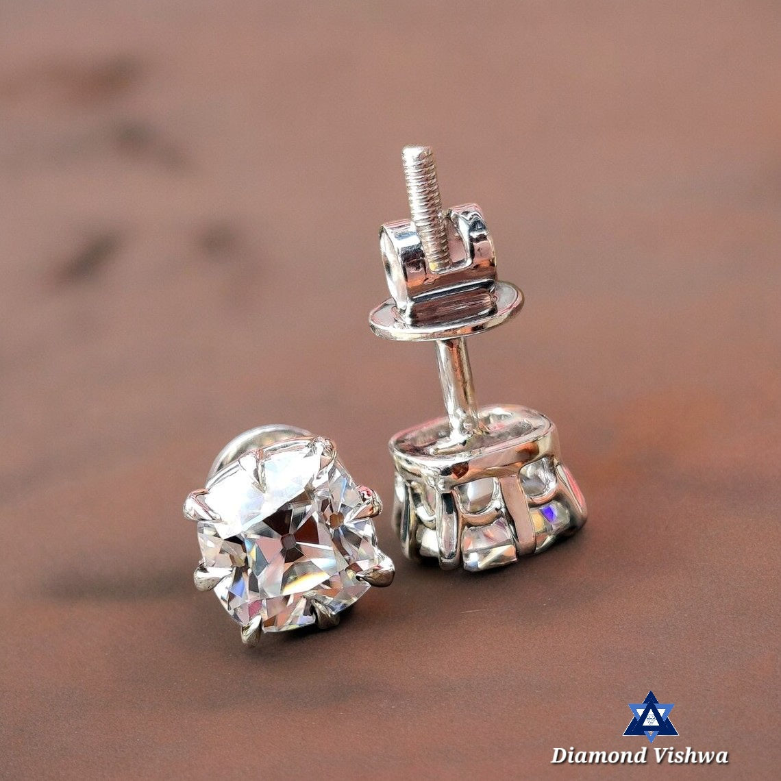 2.20 Carat Old Mine Cushion Cut Colorless Moissanite Stud Earrings with Screw Backs