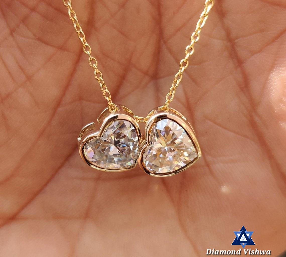 4 Carat Heart Shaped Moissanite Twin Stone Pendant - 14K Yellow Gold Bezel Set, Handcrafted Daily Wear Jewelry