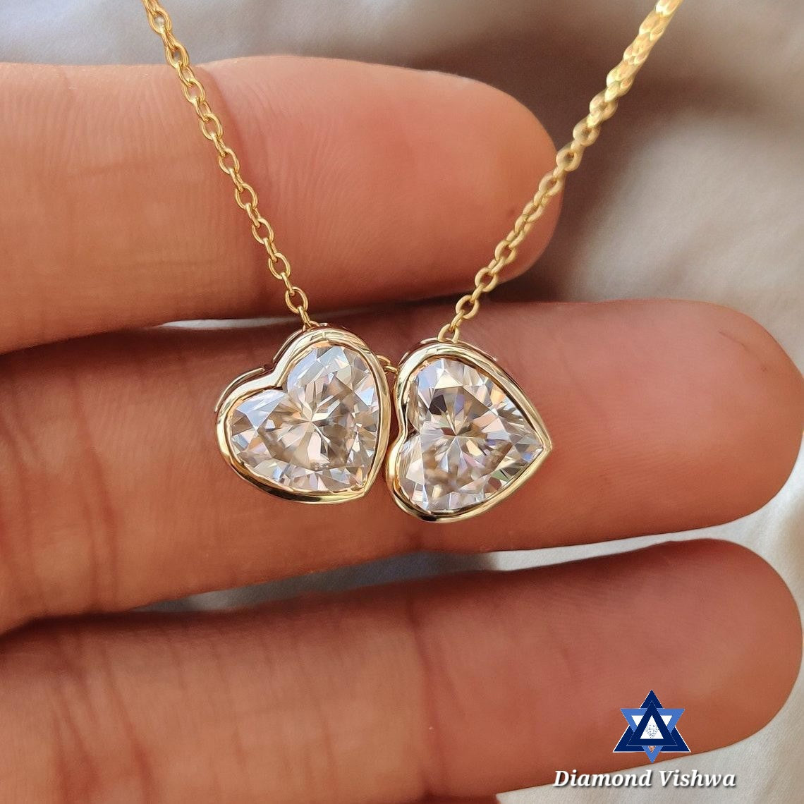 4 Carat Heart Shaped Moissanite Twin Stone Pendant - 14K Yellow Gold Bezel Set, Handcrafted Daily Wear Jewelry