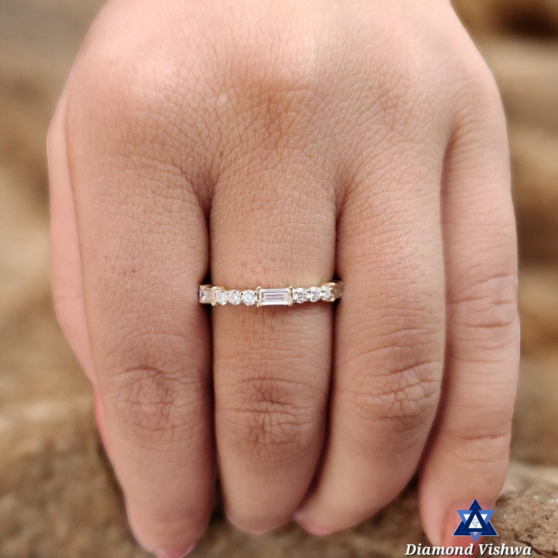 Colorless Moissanite Baguette and Round Full Eternity Wedding Band Ring