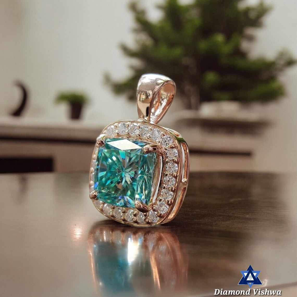 4.40 Carat Cyan Blue Cushion Cut Moissanite Pendant - 14K Rose Gold, Bridal Wedding Collection