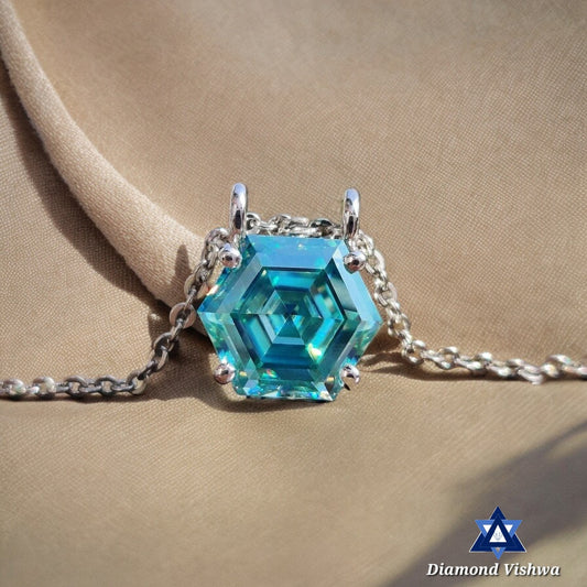 2.79 Carat Hexagon Cyan Blue Moissanite Solitaire Pendant - Step Cut, Wedding/Anniversary Gift, White/Yellow/Rose Gold