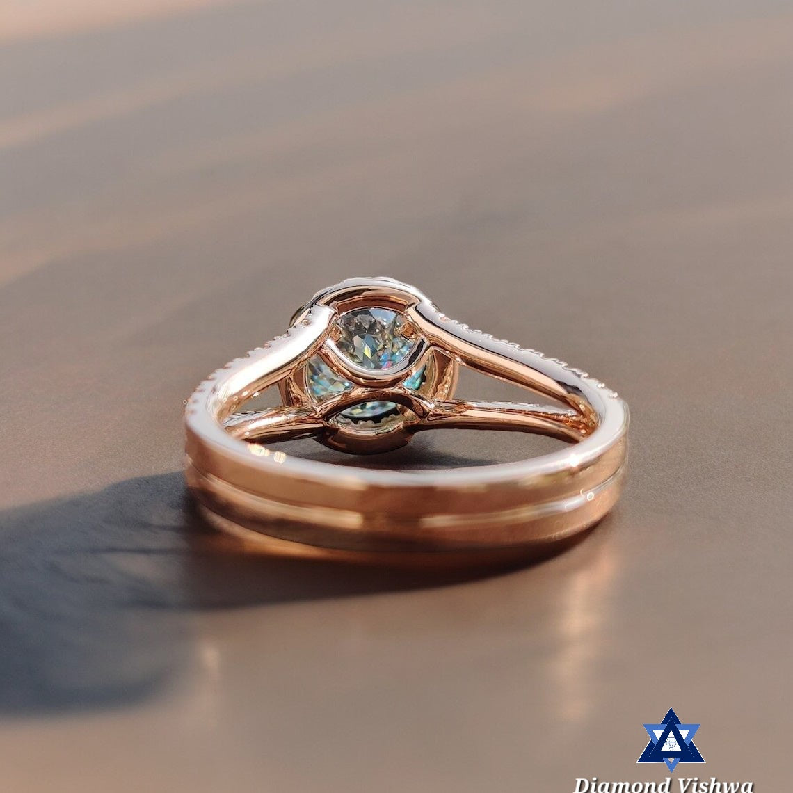 Cyan Blue Portuguese Moissanite Halo Engagement Ring - Rose Gold Split Shank with Round Side Stones