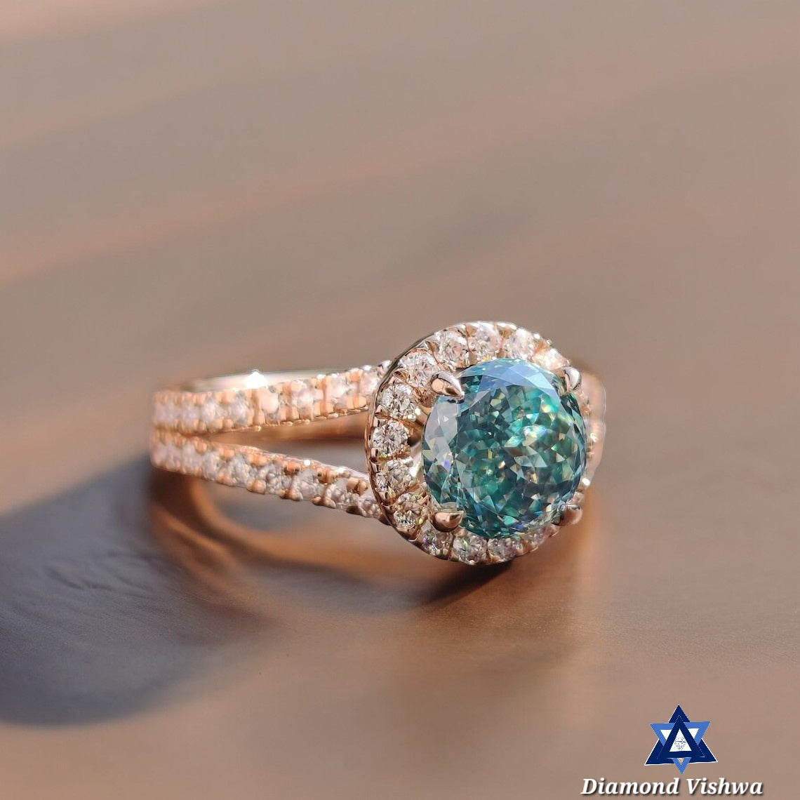 Cyan Blue Portuguese Moissanite Halo Engagement Ring - Rose Gold Split Shank with Round Side Stones