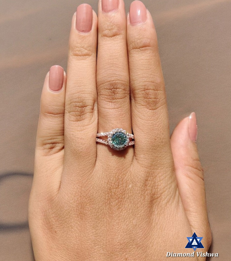 Cyan Blue Portuguese Moissanite Halo Engagement Ring - Rose Gold Split Shank with Round Side Stones