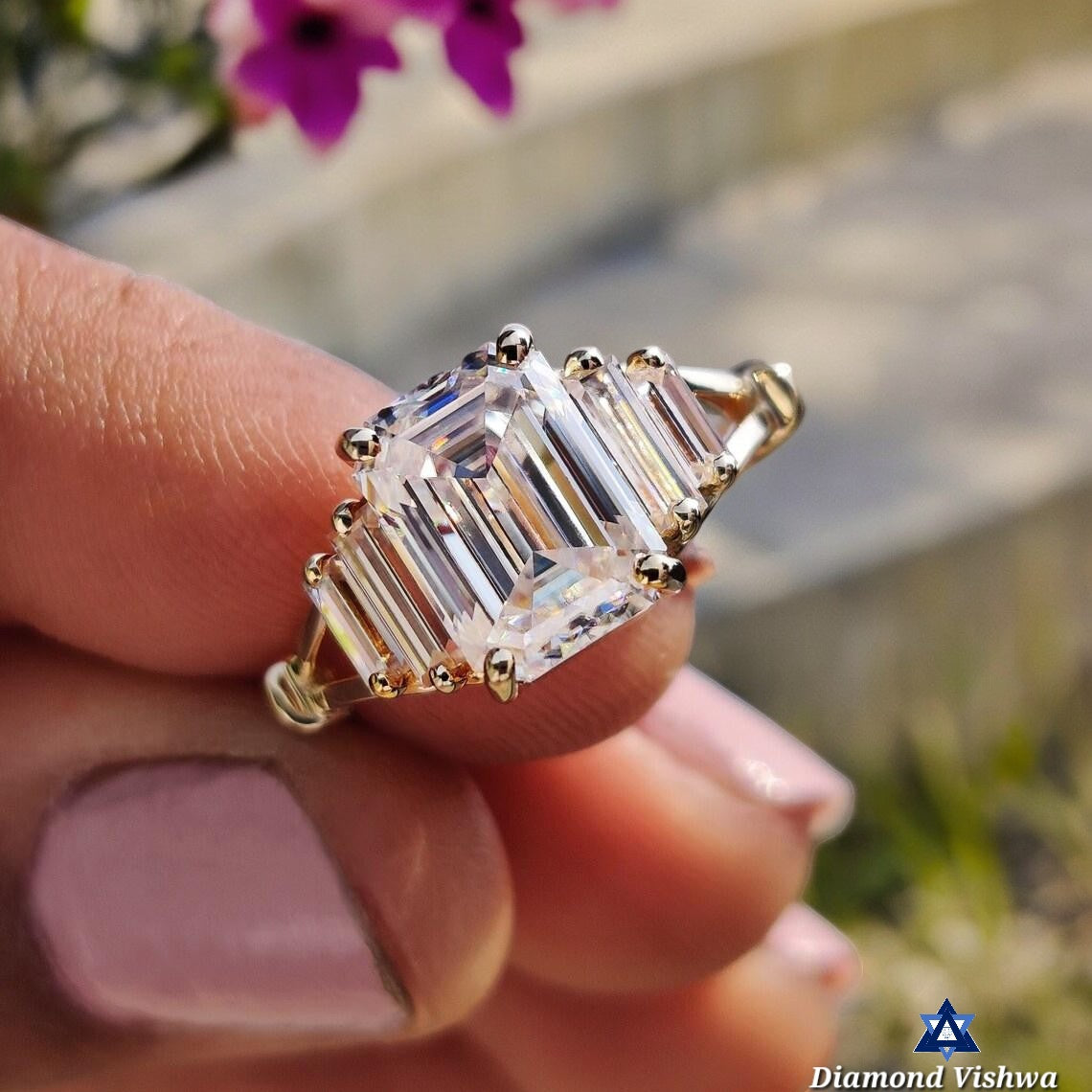 2.78 CT Vintage Emerald Cut Colorless Moissanite Engagement Ring - Split Shank Baguette