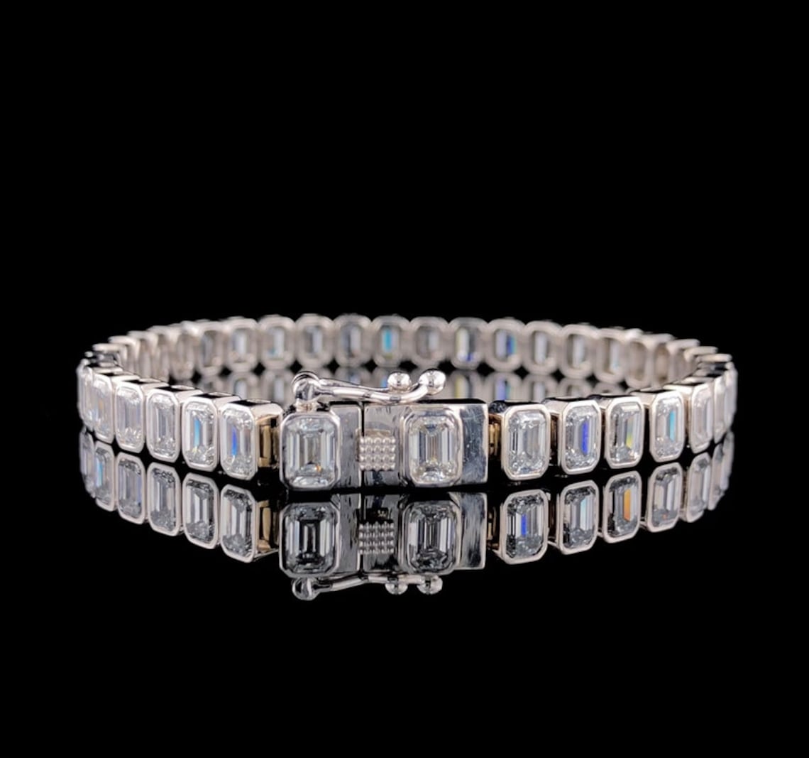 14k White Gold Bezel Set Emerald Moissanite Bracelet - Luxurious Tennis Style Women's Jewelry, Perfect Anniversary Gift