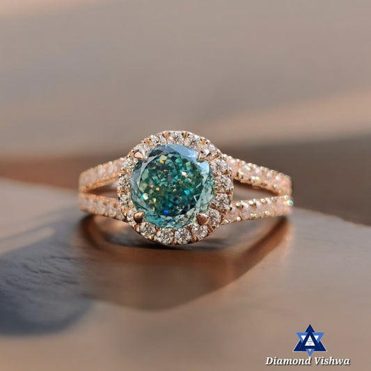 Cyan Blue Portuguese Moissanite Halo Engagement Ring - Rose Gold Split Shank with Round Side Stones