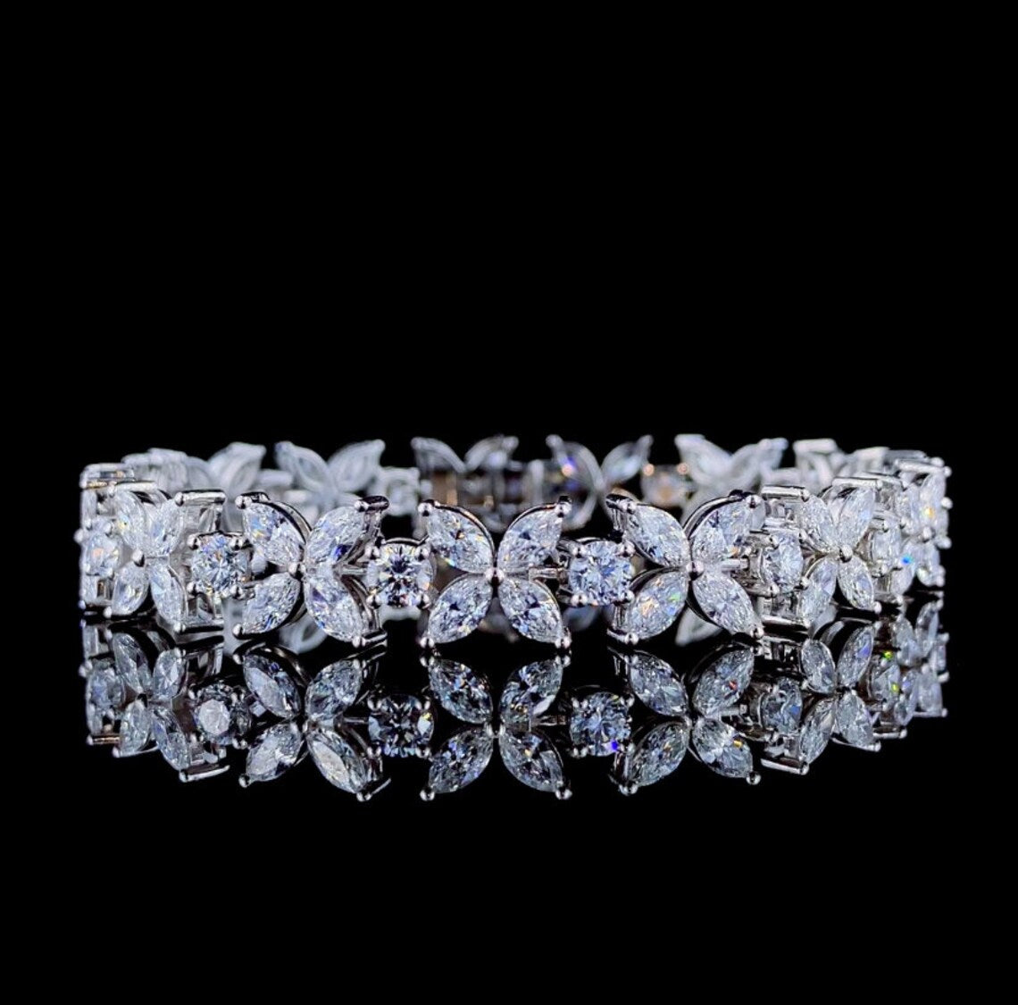 Nature-Inspired Moissanite Diamond Floral Bracelet - Marquise & Round Cut, Anniversary Gift for Women