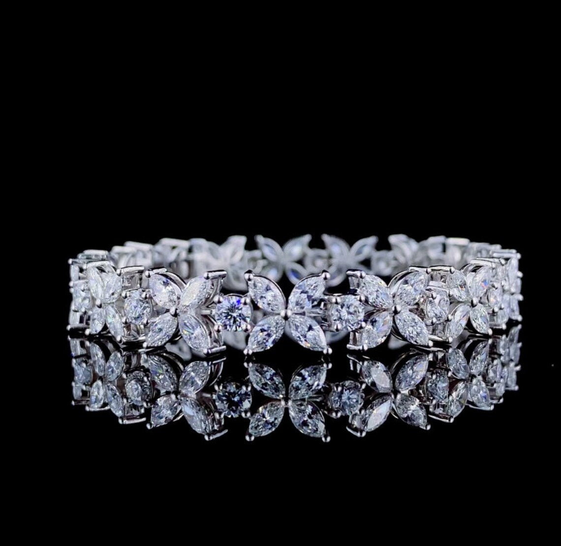 Nature-Inspired Moissanite Diamond Floral Bracelet - Marquise & Round Cut, Anniversary Gift for Women