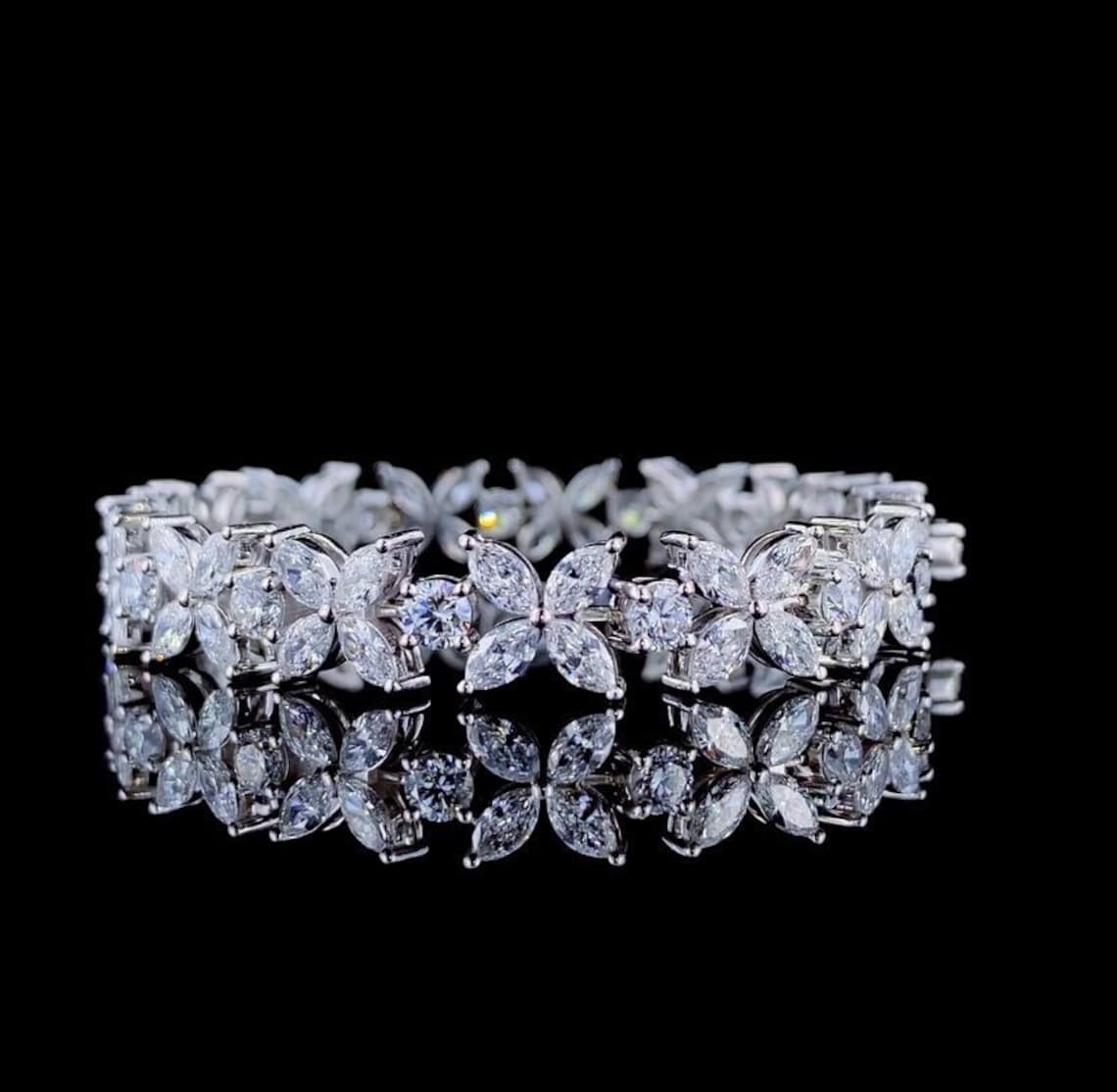 Nature-Inspired Moissanite Diamond Floral Bracelet - Marquise & Round Cut, Anniversary Gift for Women