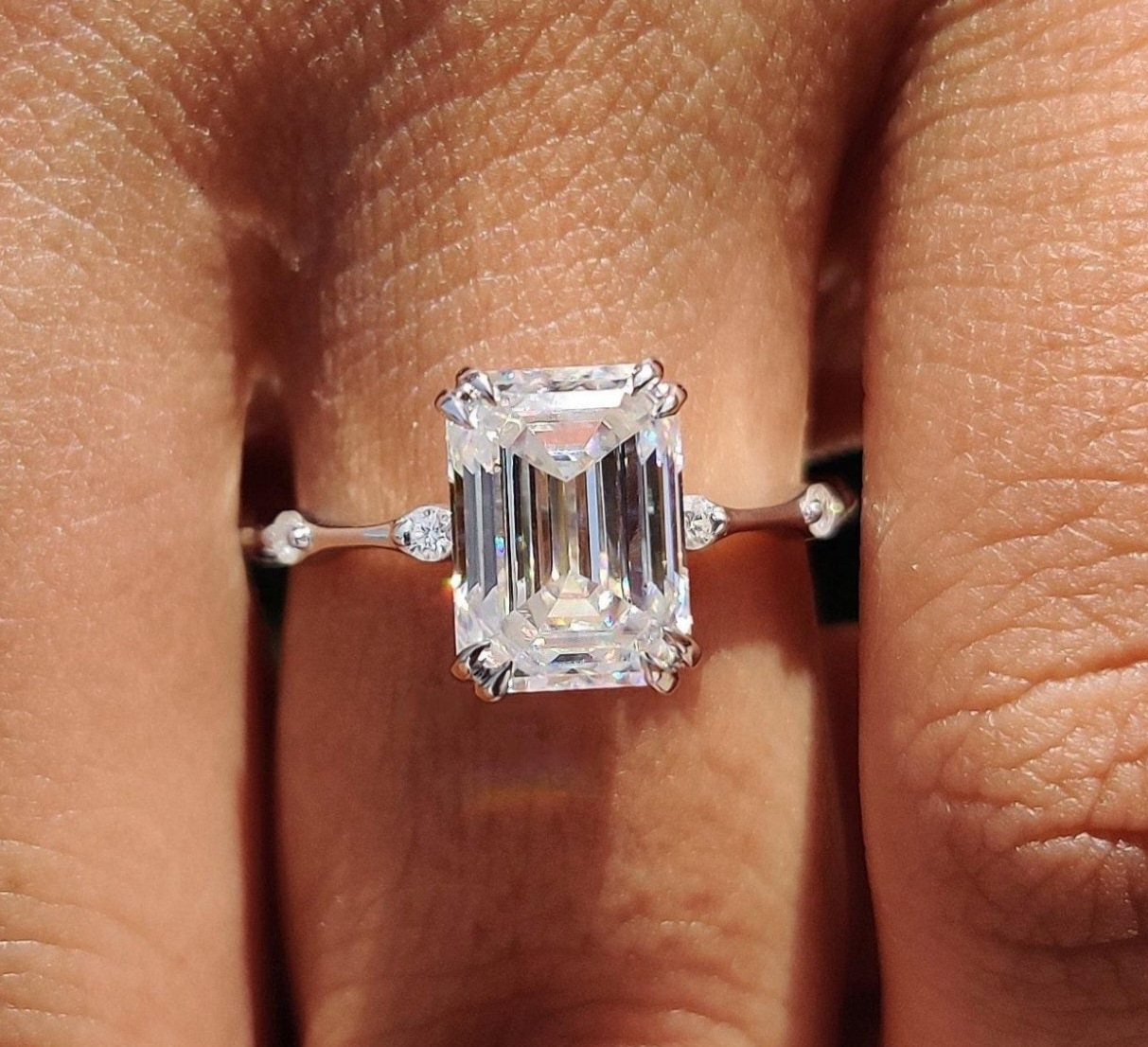 2CT Emerald Cut Lab Diamond Engagement Ring | Double Claw Prong Setting | Distance Pavé Wedding Band