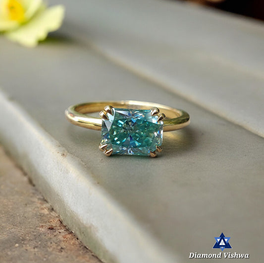 1.62 Carat Green Radiant Moissanite East-West Solitaire Ring | Double Claw Prong Setting | Engagement Wedding Bridal Jewelry