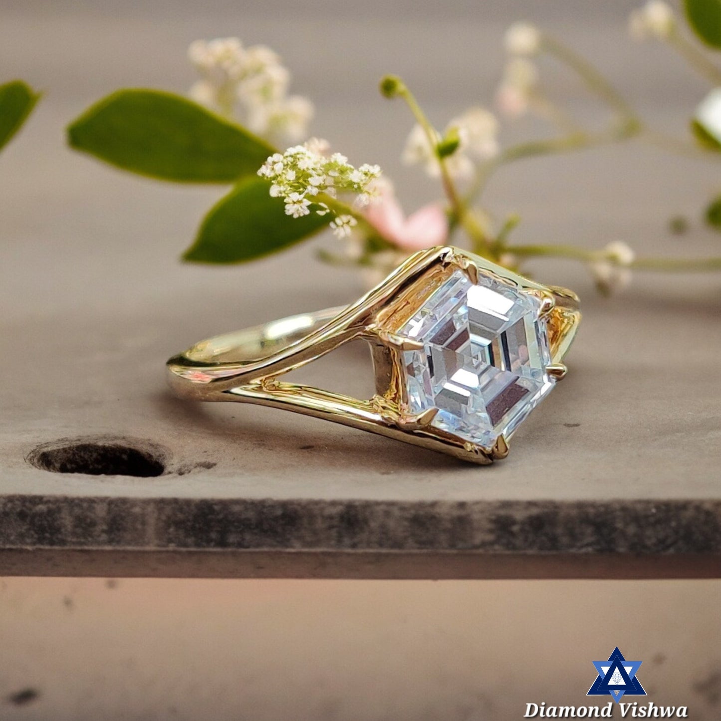 Vintage Colorless Moissanite Engagement Ring 1.24 CT Hexagon Cut Six Prong 14K Solid Gold Solitaire