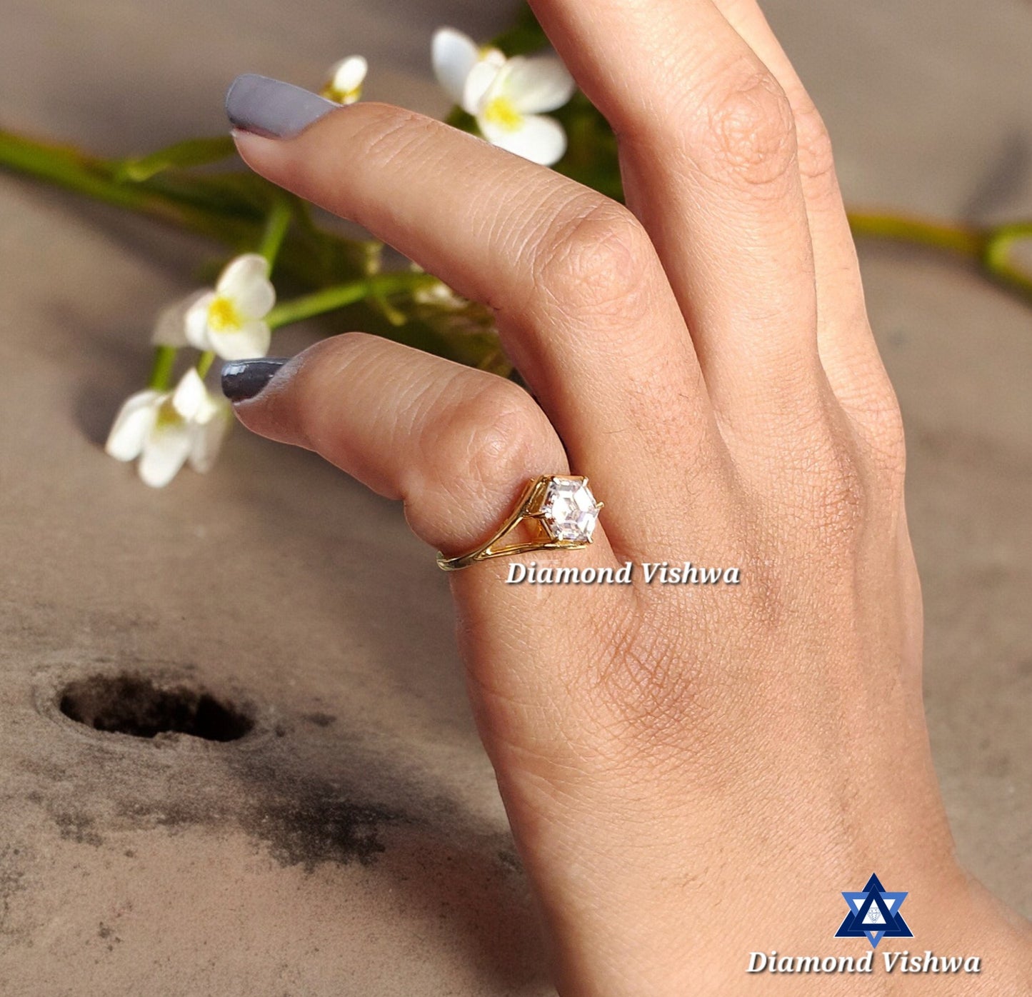 Vintage Colorless Moissanite Engagement Ring 1.24 CT Hexagon Cut Six Prong 14K Solid Gold Solitaire