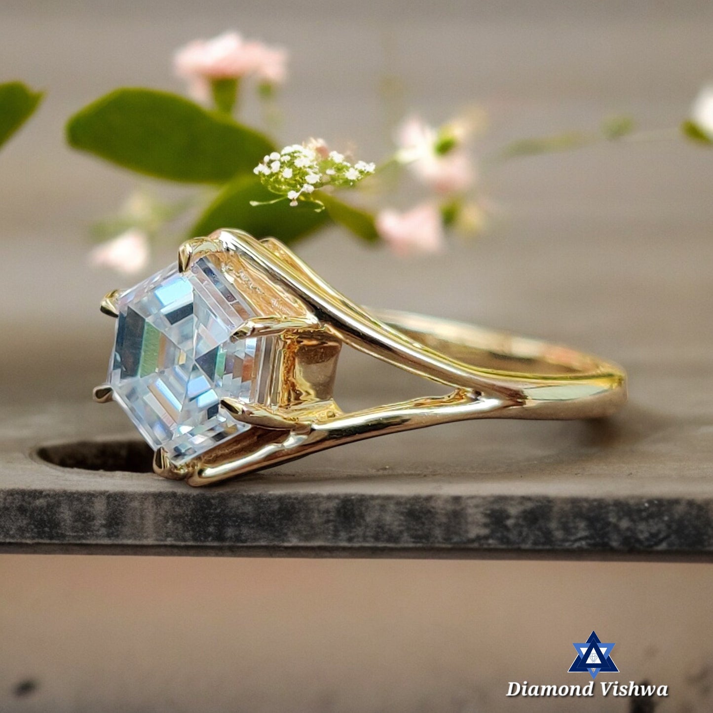 Vintage Colorless Moissanite Engagement Ring 1.24 CT Hexagon Cut Six Prong 14K Solid Gold Solitaire