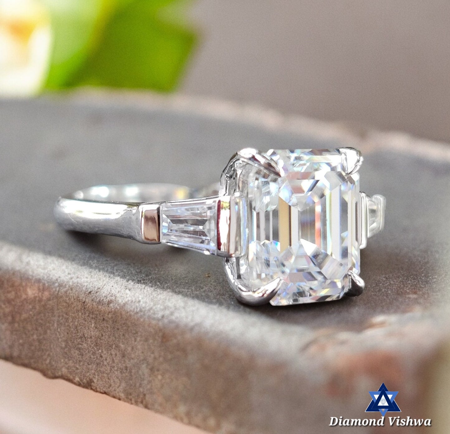 2.68 CTW Emerald Cut Moissanite Three Stone Engagement Ring with Tapered Baguettes | Solid White Gold Anniversary Wedding Bridal Jewelry