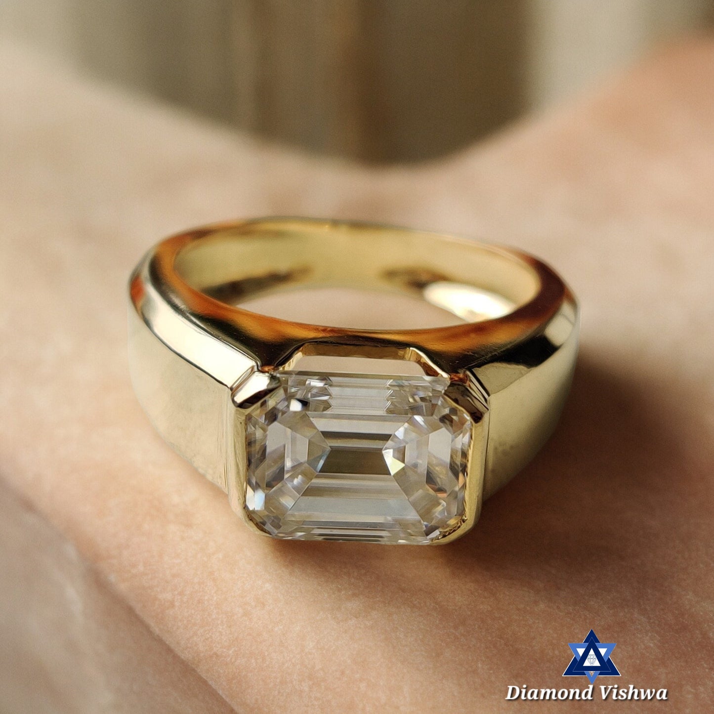 4 CT Emerald Cut Colorless Lab Diamond Half Bezel Solitaire Men's Ring - Solid Gold Wedding Engagement Anniversary Band