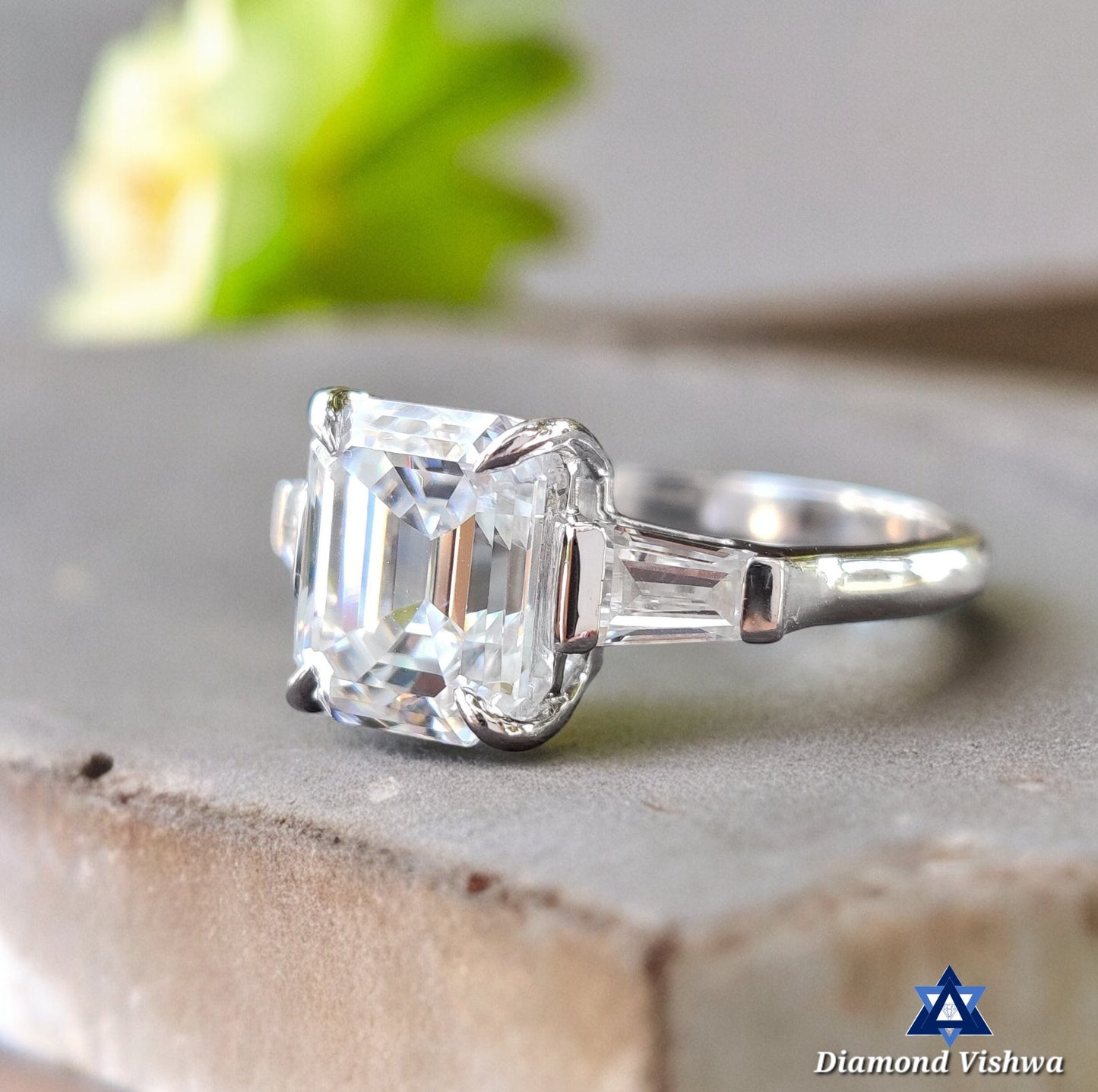 2.68 CTW Emerald Cut Moissanite Three Stone Engagement Ring with Tapered Baguettes | Solid White Gold Anniversary Wedding Bridal Jewelry