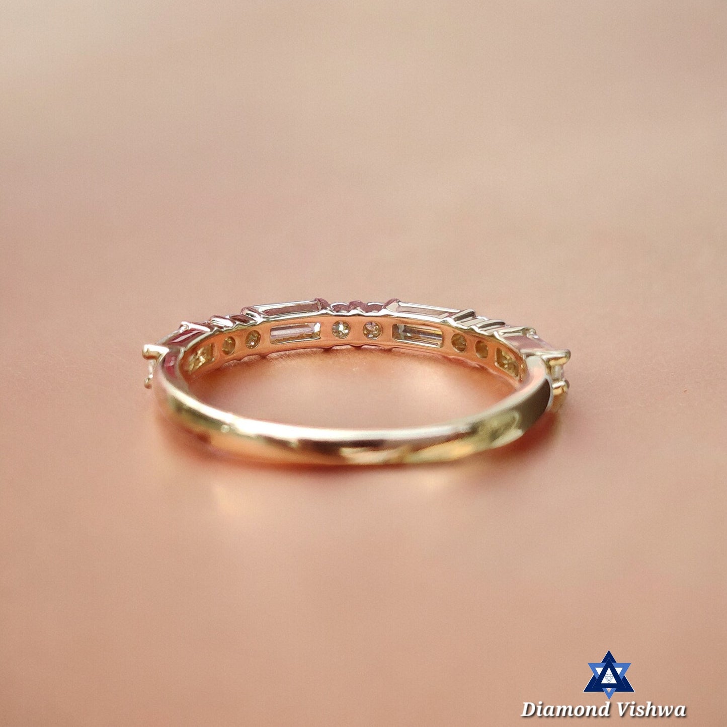 0.64 TCW Baguette & Round Moissanite Wedding Band | Yellow Gold Half Eternity | Stackable Anniversary Ring