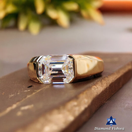 Emerald Lab Diamond Half Bezel Solitaire Men's Ring, Wedding Anniversary Father's Gift