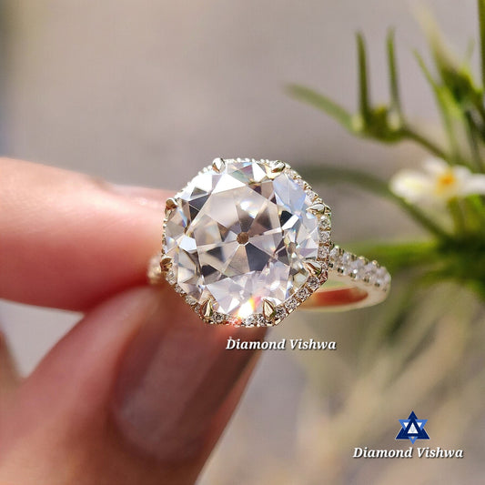 Vintage Moissanite Engagement Ring | 4.75 TCW Old European Cut | Octagonal Halo Pave | Antique Style Promise Ring