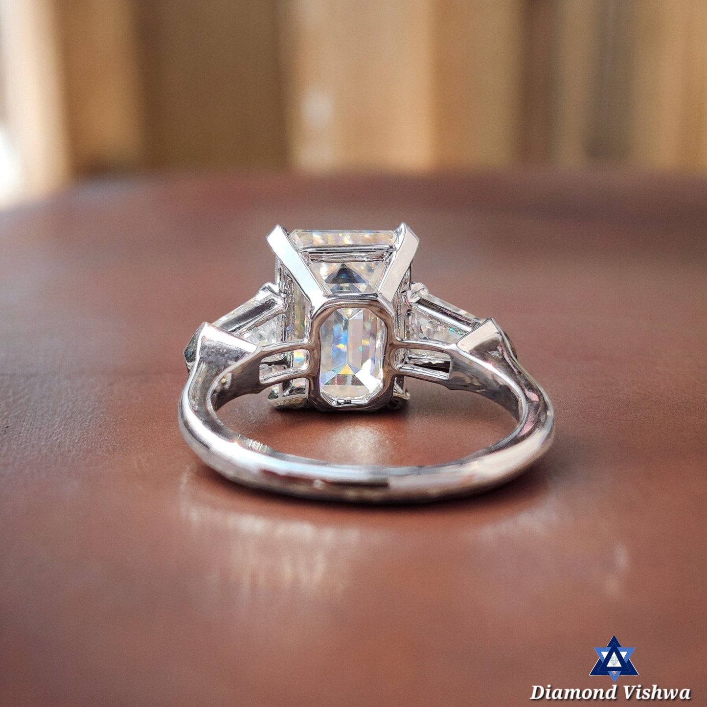 5 CT Emerald Cut Moissanite Engagement Ring | Three Stone Moissanite Wedding Band | Side Bullet Accents | Yellow/Rose/White Gold | His/Hers Set