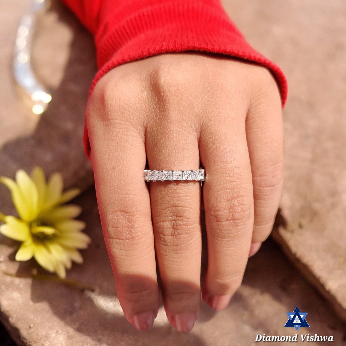 3mm Colorless Princess Cut Moissanite Eternity Ring | Comfort Fit Shared Prong Wedding Band | Anniversary Bridal Jewelry Gift