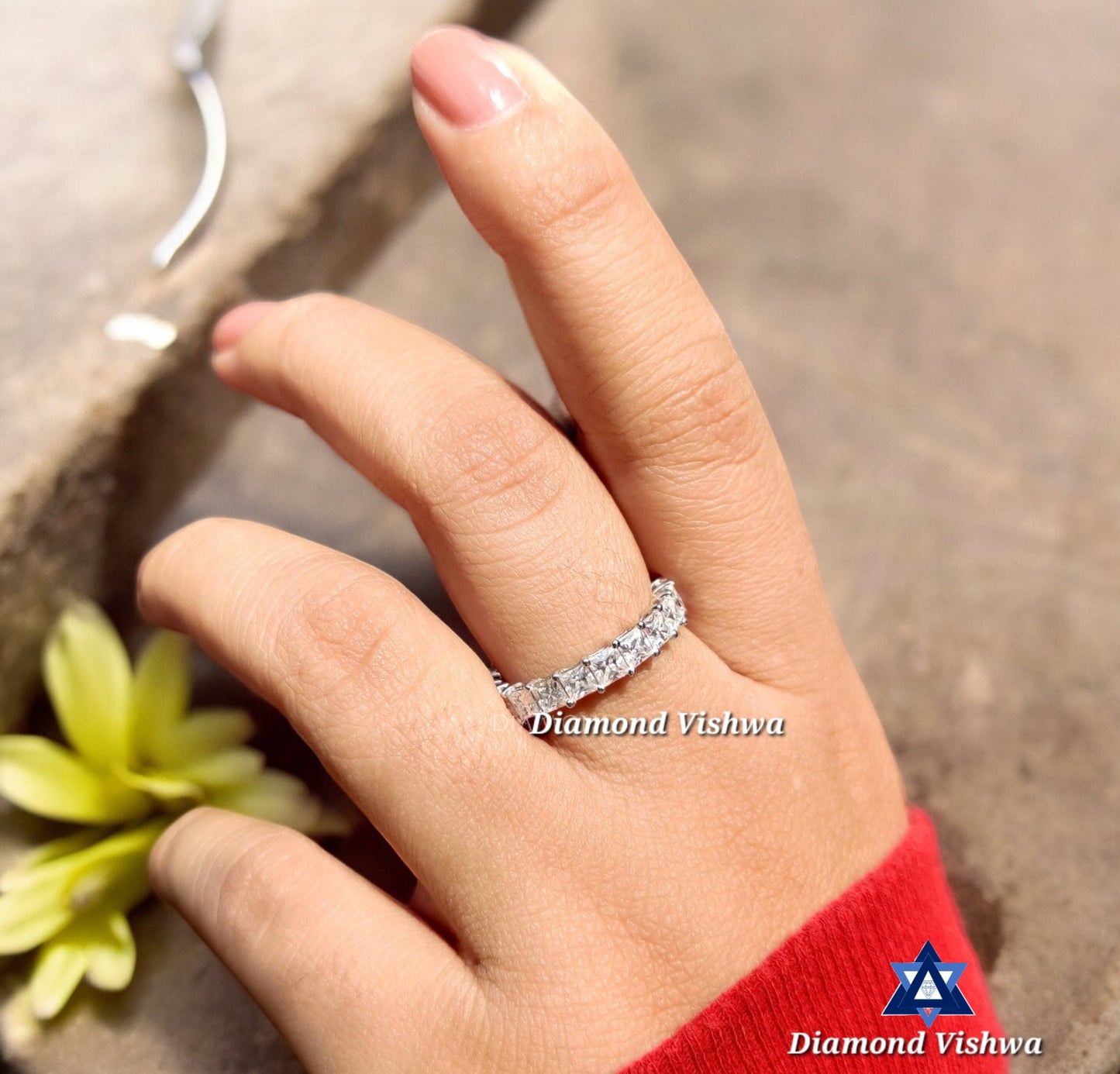 3mm Colorless Princess Cut Moissanite Eternity Ring | Comfort Fit Shared Prong Wedding Band | Anniversary Bridal Jewelry Gift