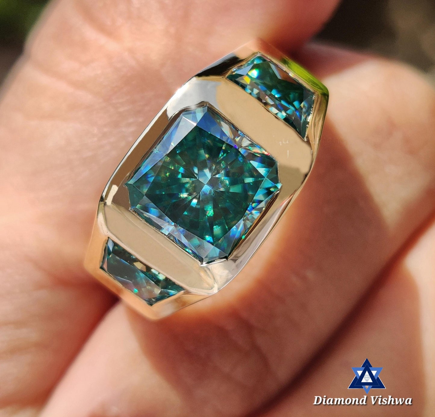 6.41 CT Aqua Blue Green Radiant 3-Stone Men's Moissanite Ring - Trapezoid Side Stones