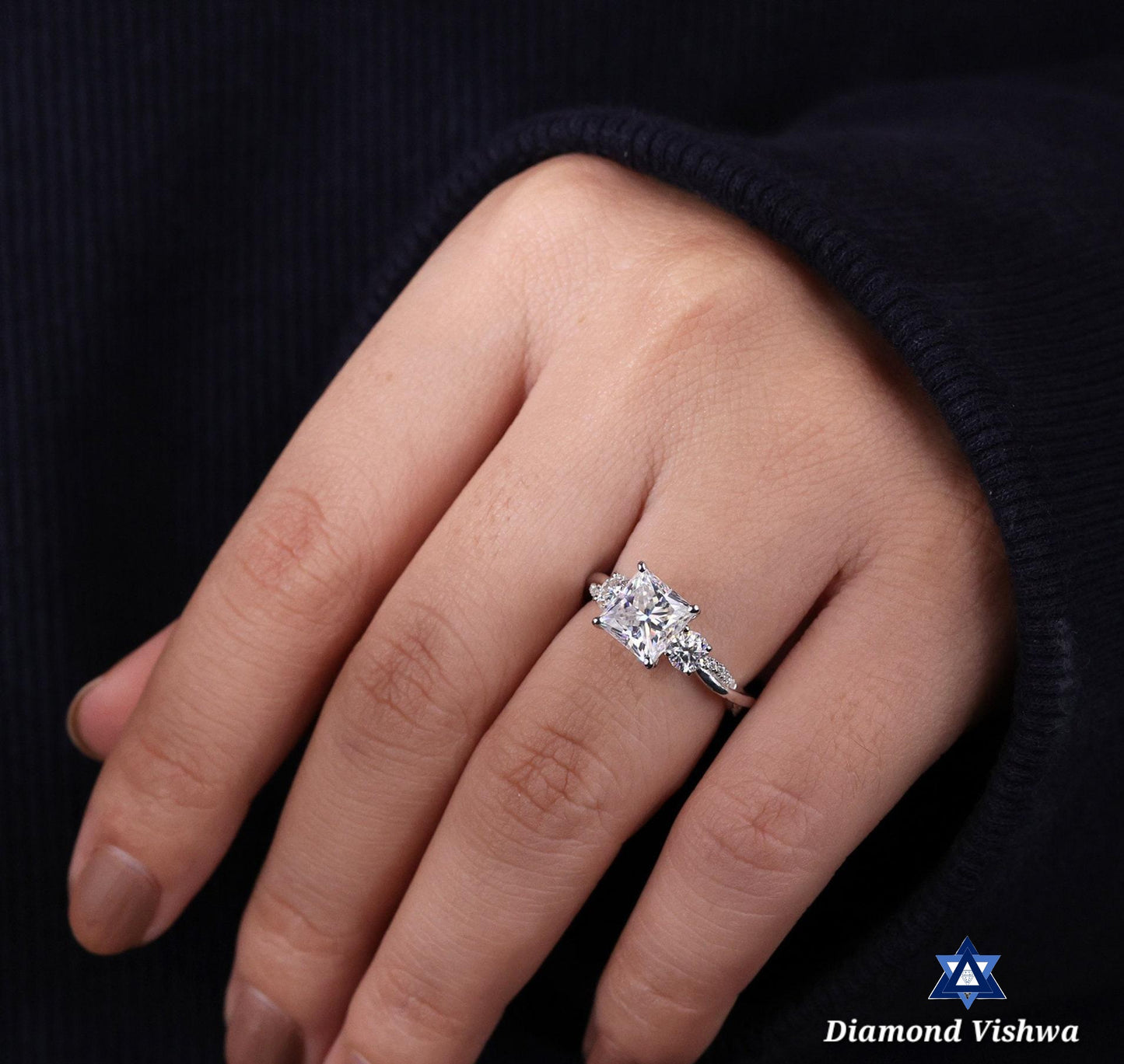 2 CT Colorless Lab-Grown Princess Cut Three Stone Engagement Ring | Unique Design Anniversary Bridal Jewelry Gift for Her