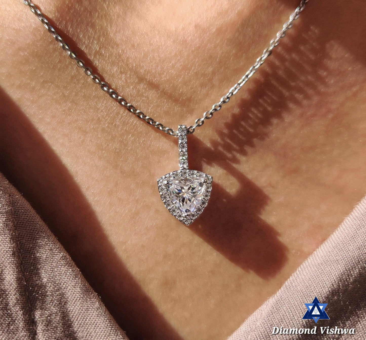 1.18 CT Trillion Cut Moissanite Halo Pendant Necklace - Elegant Anniversary Wedding Gift for Her