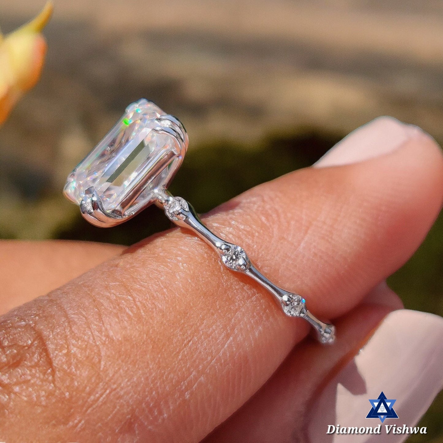 2CT Emerald Cut Lab Diamond Engagement Ring | Double Claw Prong Setting | Distance Pavé Wedding Band