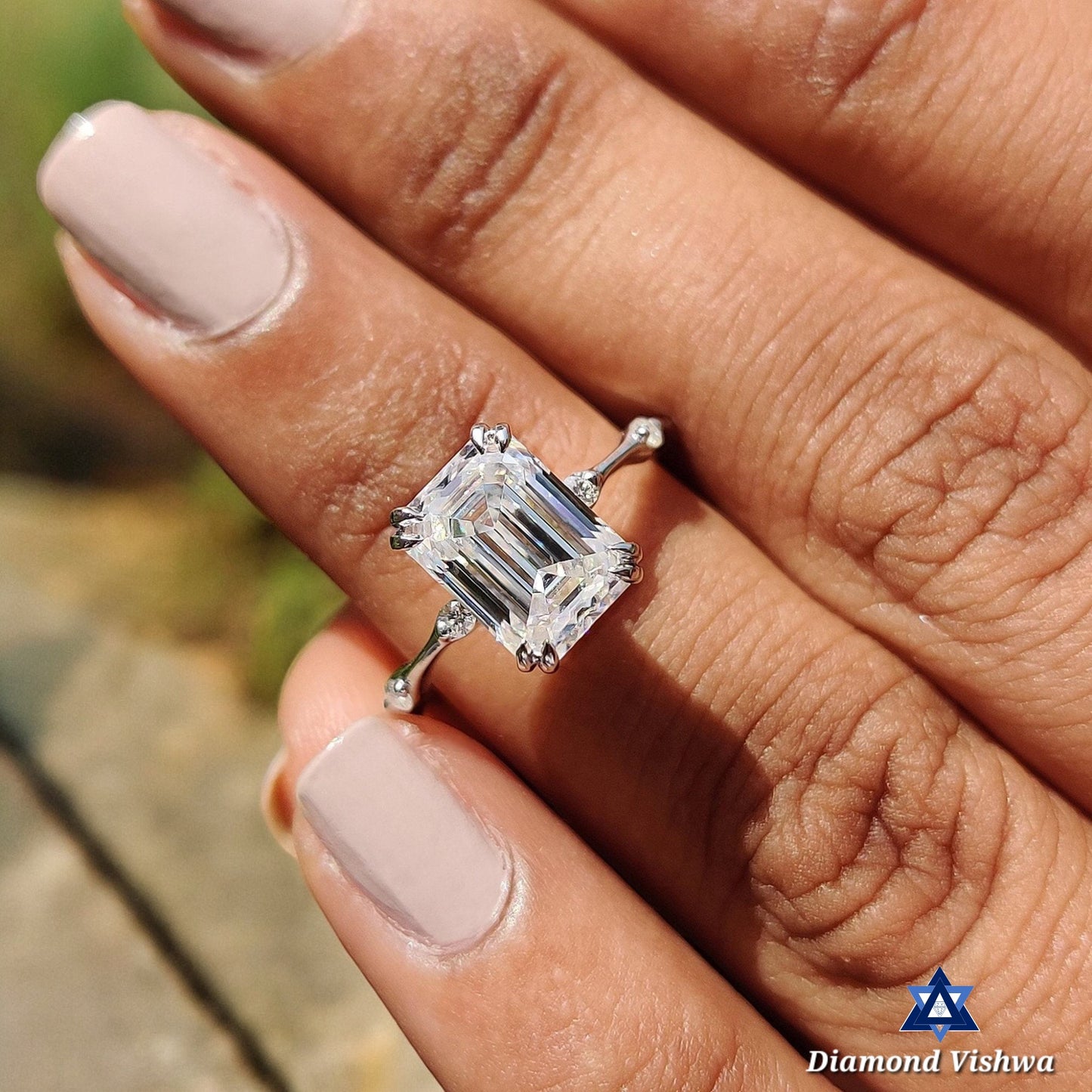 2CT Emerald Cut Lab Diamond Engagement Ring | Double Claw Prong Setting | Distance Pavé Wedding Band